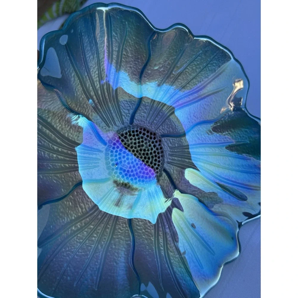 VTG Iridescent Art Glass Flower Bowl‎ | Teal Metallic Petal Dish | 8